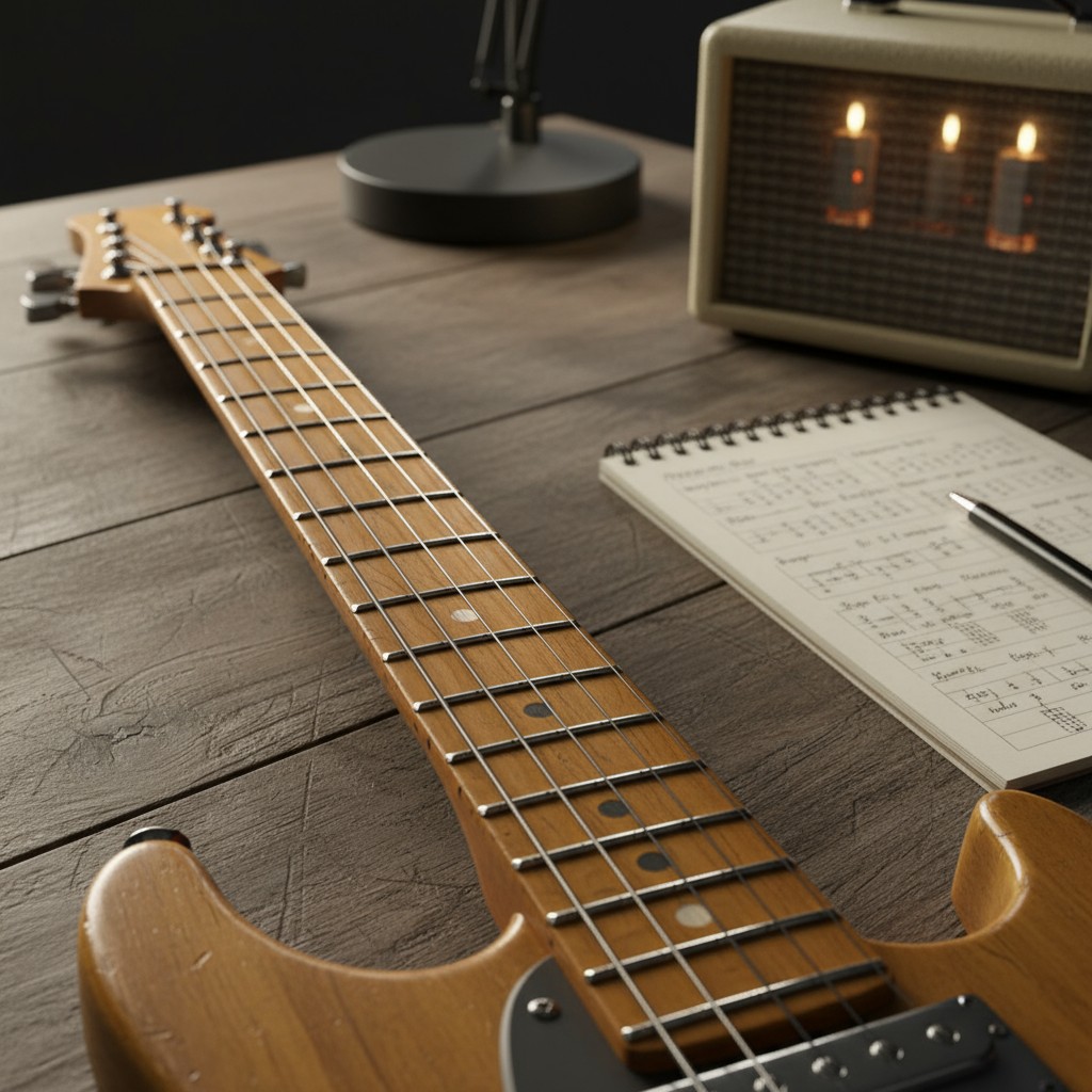 A guitar, notebook, and amp sit on a wooden table, with the guitar's neck prominently displayed and the amp and notebook s...