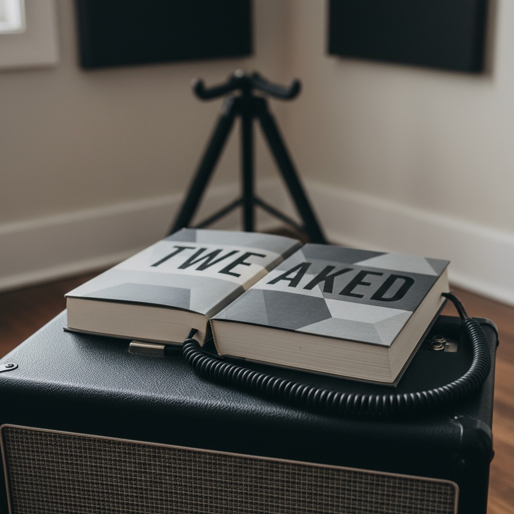 A black guitar amp with an open book on top titled "Tweaked," resting on a black music stand in front of a blank white wall.